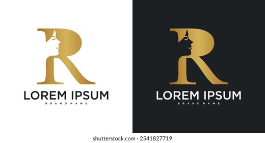 Diseño inicial del logotipo del monograma de la letra R y silueta de la cara de una mujer. Vector de Premium