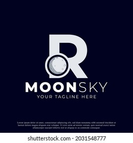 Initial Letter R with Moon Logo Design. White Shape Circle. Usable for Business and Branding Logos