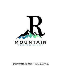 Initial Letter R Mountain Logo. Explore Mountain Adventure Symbol Company Logo Template Element.