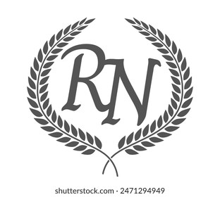 Initial letter R and N, RN monogram logo design with laurel wreath. Luxury calligraphy font.