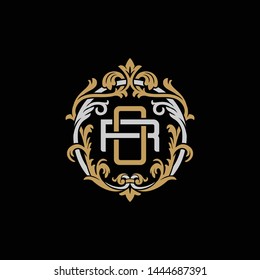 Initial letter R and O, RO, OR, decorative ornament emblem badge, overlapping monogram logo, elegant luxury silver gold color on black background