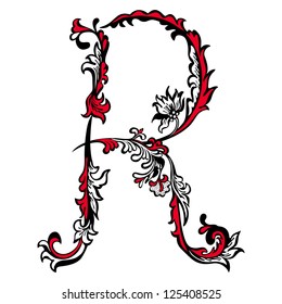 Initial letter R on a white background. Abstract vector floral pattern
