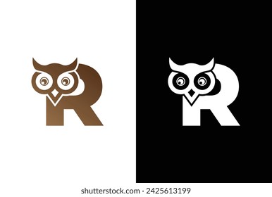 Initial letter R with owl modern company business logo icon. Simple and creative owl logo design vector, combination of letter R and owl.