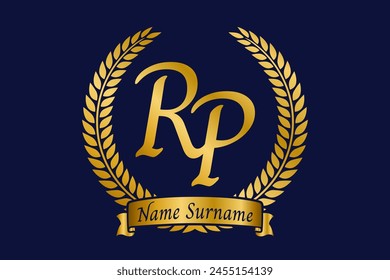 Initial letter R and P, RP monogram logo design with laurel wreath. Luxury golden calligraphy font.