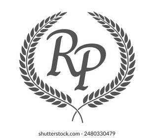 Initial letter R and P, RP monogram logo design with laurel wreath. Luxury calligraphy font.