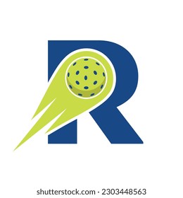 Initial Letter R Pickleball Logo Concept With Moving Pickleball Symbol. Pickle Ball Logotype Vector Template