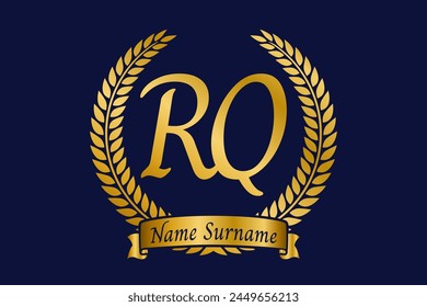 Initial letter R and Q, RQ monogram logo design with laurel wreath. Luxury golden calligraphy font.