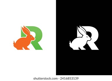 Initial letter R Rabbit logo design. Letter R Rabbit Logo Design Vector Icon Graphic Emblem Illustration Background Template.