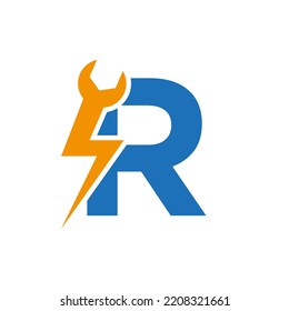 Initial Letter R Repair Wrench And Volt Power Logo Design For Repair, Electrical Sign Vector Template