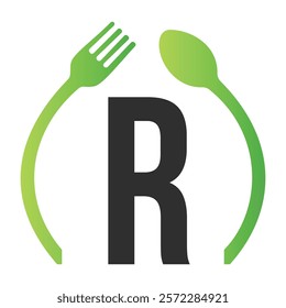 Initial Letter R Restaurant Logo Design Concept With Spoon and Fork Symbol Vector Template