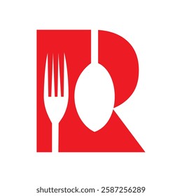 Initial Letter R Restaurant Logo Design Concept With Fork and Spoon Symbol