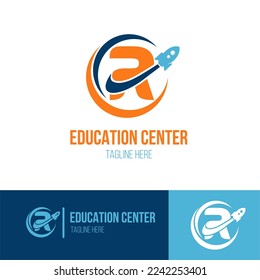 Initial Letter R with Rocket Spaceship icon for Success, Education Center, Fast Learning, Technology Business Logo Idea
