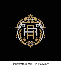 Initial letter R and R, RR, decorative ornament emblem badge, overlapping monogram logo, elegant luxury silver gold color on black background