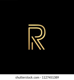 Initial letter R RR  minimalist art logo, gold color on black background