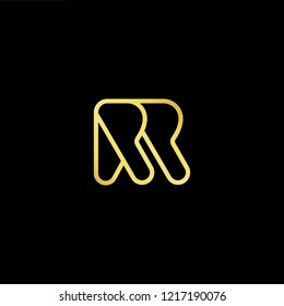 Initial letter R RR minimalist art logo, gold color on black background.