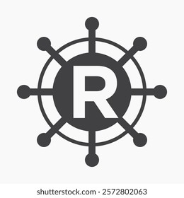 Initial Letter R Sailing Logo Design Vector Template Concept with Steering Ship Symbol