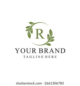 Letra inicial R serif fonte logotipo design, verde folhas natureza gráfico ícone conceito
