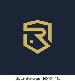 initial Letter R with Shield frame line art element. Shield Line geometry  for Security logo. Logo Icon Template for Web and Business Card, Letter Logo Template on Black Background. - vector