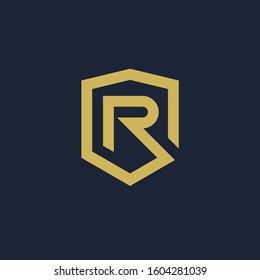 initial Letter R with Shield frame line art element. Shield Line geometry  for Security logo. Logo Icon Template for Web and Business Card, Letter Logo Template on Black Background. - vector