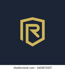 initial Letter R with Shield frame line art element. Shield Line geometry  for Security logo. Logo Icon Template for Web and Business Card, Letter Logo Template on Black Background. - vector
