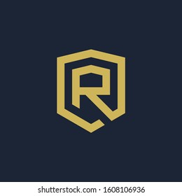 initial Letter R with Shield frame line art element. Shield Line geometry  for Security logo. Logo Icon Template for Web and Business Card, Letter Logo Template on Black Background. - vector