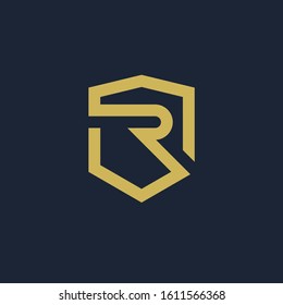 initial Letter R with Shield frame line art element. Shield Line geometry  for Security logo. Logo Icon Template for Web and Business Card, Letter Logo Template on Black Background. - vector