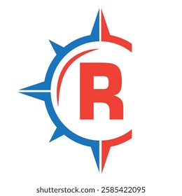 Initial Letter R Ship Logo Concept With Compass Symbol Vector Template