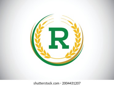Initial letter R sign symbol with wheat ears wreath. Organic wheat farming logo design concept. Agriculture logo design vector template.
