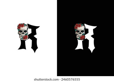 Initial Letter R Skull Logo Design. Minimal silhouette skull logo vector with letter R logo design illustration.