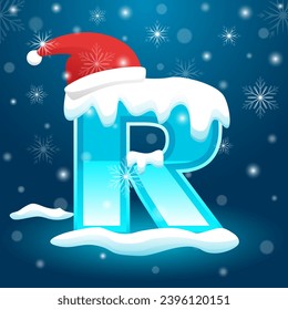 Initial Letter R with snowflake and Santa hat element, snow lettering template vector illustration. Alphabet with snow vector template.  Winter text vector usable for New Year or Christmas.