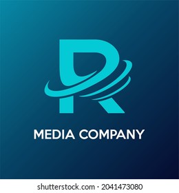 Anfangsbuchstabe R mit Sphere-Signal-Übertragung für Antennen, Rundfunk, Medien, Information, Kommunikation, Internet, Wireless-Service-Unternehmen Moderne Logo-Idee 