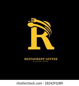 Initial letter R with spoon and fork for restaurant concept. letter R logo, fit for company and culinary business.