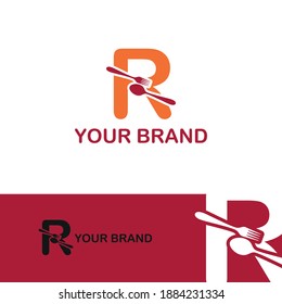 Initial letter R with spoon and fork for restaurant, catering, canteen, kitchen, cook logo design vector concept
