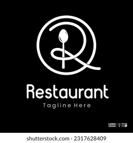 Initial letter R with spoon fork for restaurant logo design with simple minimalist line art monoline style. Vector Illustration