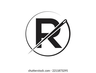 Initial Letter R With Tailor Logo, Needle and Thread Combination for Embroidery, Textile, Fashion, Cloth, Fabric Template.