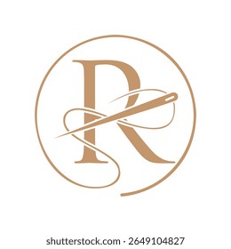 Letra inicial R logotipo alfaiate, agulha e logotipo de linha para vestuário, bordado, têxtil, moda, pano, sinal de tecido