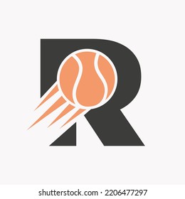 Initial Letter R Tennis Logo Concept With Moving Tennis Ball Icon. Tennis Sports Logotype Symbol Vector Template