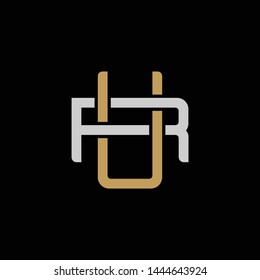 Initial letter R and U, RU, UR, overlapping interlock logo, monogram line art style, silver gold on black background