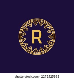 initial letter R unique ancient medallion circle emblem frame logo