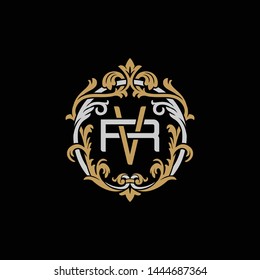 Initial letter R and V, RV, VR, decorative ornament emblem badge, overlapping monogram logo, elegant luxury silver gold color on black background