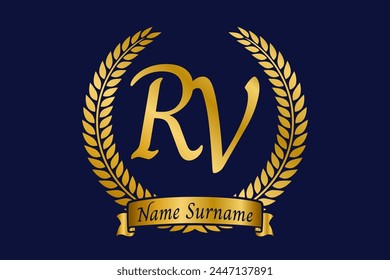 Initial letter R and V, RV monogram logo design with laurel wreath. Luxury golden calligraphy font.