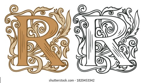 Initial letter R with vintage Baroque decorations. Two vector uppercase letters R in beige and black-white colors. Beautiful filigree capital letter to use for monogram, logo, emblem, card, invitation