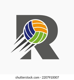 Letra inicial R Concepto De Logo De Voleibol Con Icono De Bola De Voleibol En Movimiento. Plantilla de vectores de logotipo deportivo de voleibol