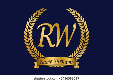 Initial letter R and W, RW monogram logo design with laurel wreath. Luxury golden emblem with calligraphy font.