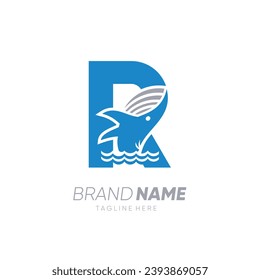 Initial Letter R Whale Jumping in the Water Logo Design Vector Icon Graphic Emblem Illustration