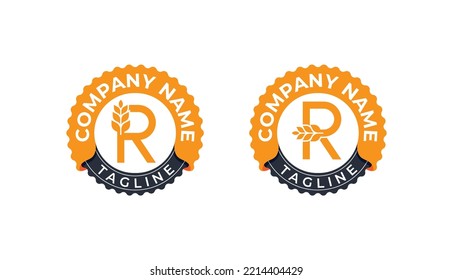 initial Letter R Wheat Grain Logo Stamp Badge Concept sign symbol icon Design Element.  Bakery Logotype. Vector illustration logo template