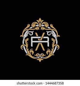 Initial letter R and X, RX, XR, decorative ornament emblem badge, overlapping monogram logo, elegant luxury silver gold color on black background