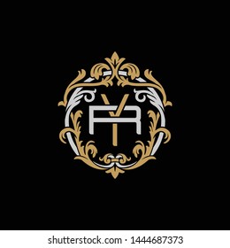 Initial letter R and Y, RY, YR, decorative ornament emblem badge, overlapping monogram logo, elegant luxury silver gold color on black background