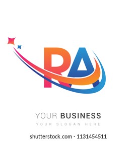 initial letter RA logotype company name colored orange, red and blue swoosh star design. vector logo for business and company identity.