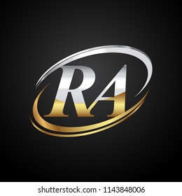 initial letter RA logotype company name colored gold and silver swoosh design. isolated on black background.